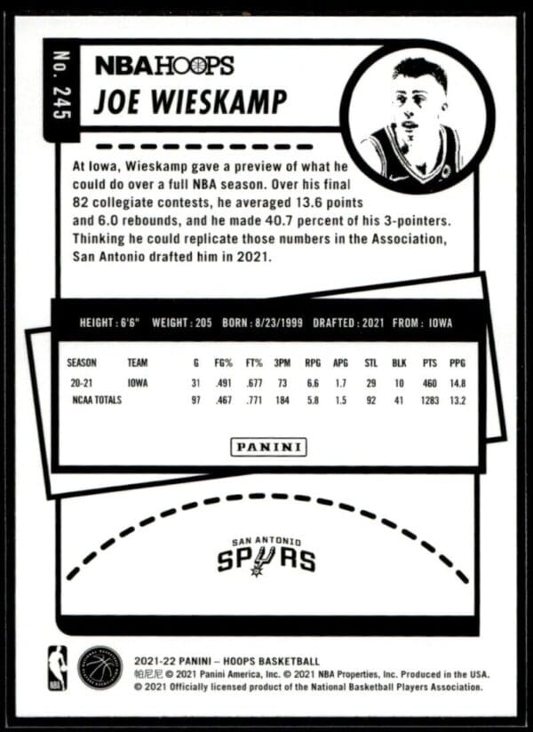 2021 NBA Hoops San Antonio Spurs #245 Joe Wieskamp RC Rookie Winter Edition