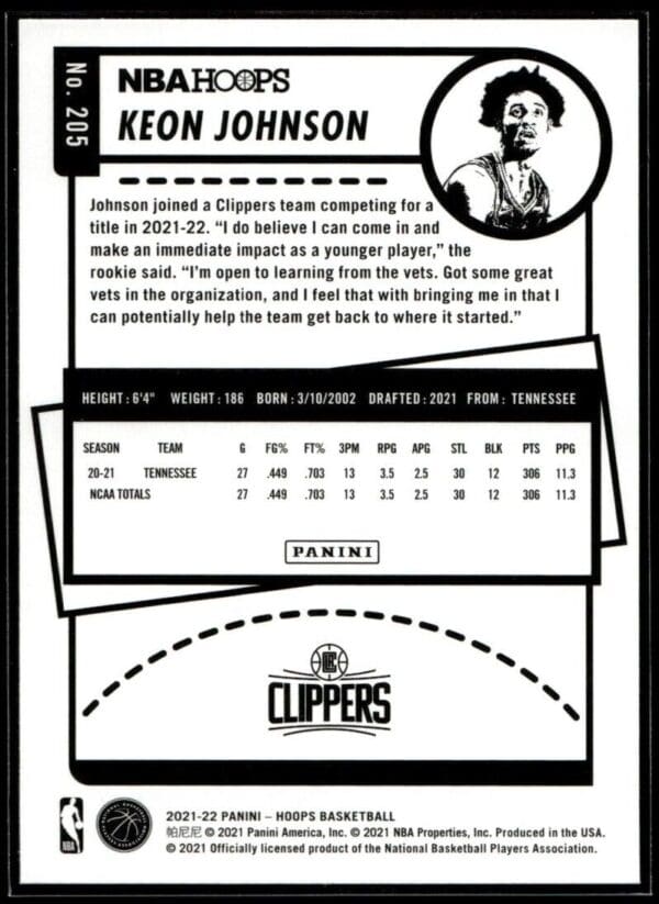 _10 2021 NBA Hoops Los Angeles Clippers #205 Keon Johnson RC Rookie Winter Edition