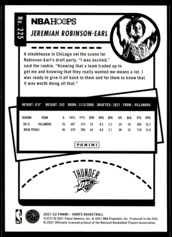 _10 2021 NBA Hoops Oklahoma City Thunder #225 Jeremiah Robinson-Earl RC Rookie