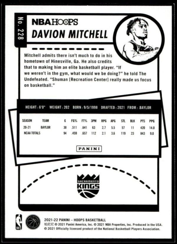 _10 2021 NBA Hoops Sacramento Kings #228 Davion Mitchell RC Rookie Winter Edition
