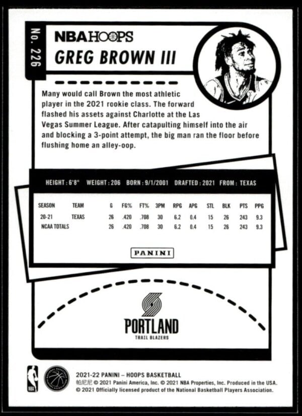 2021 NBA Hoops Portland Trail Blazers #226 Greg Brown III Rookie Winter Edition