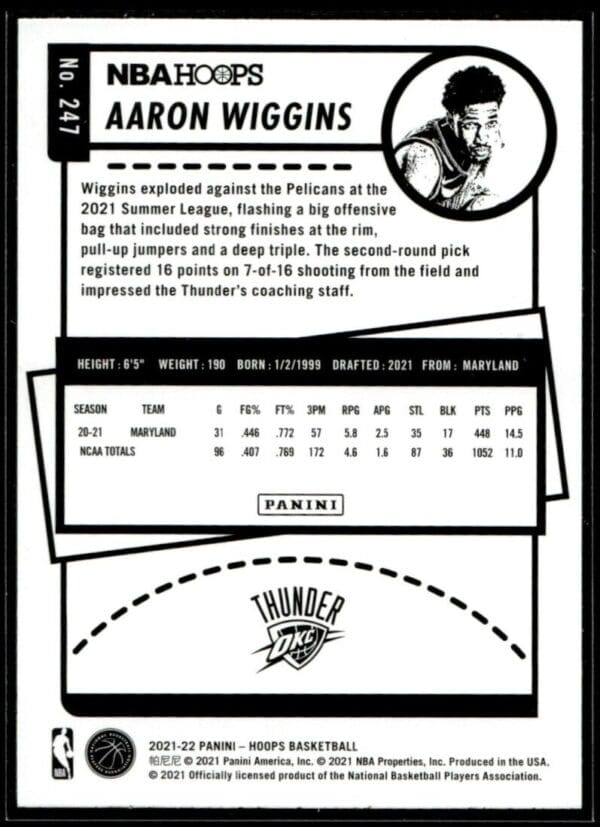 2021 NBA Hoops Oklahoma City Thunder #247 Aaron Wiggins RC Rookie