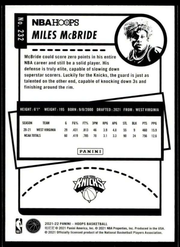2021 NBA Hoops New York Knicks #232 Miles McBride RC Rookie