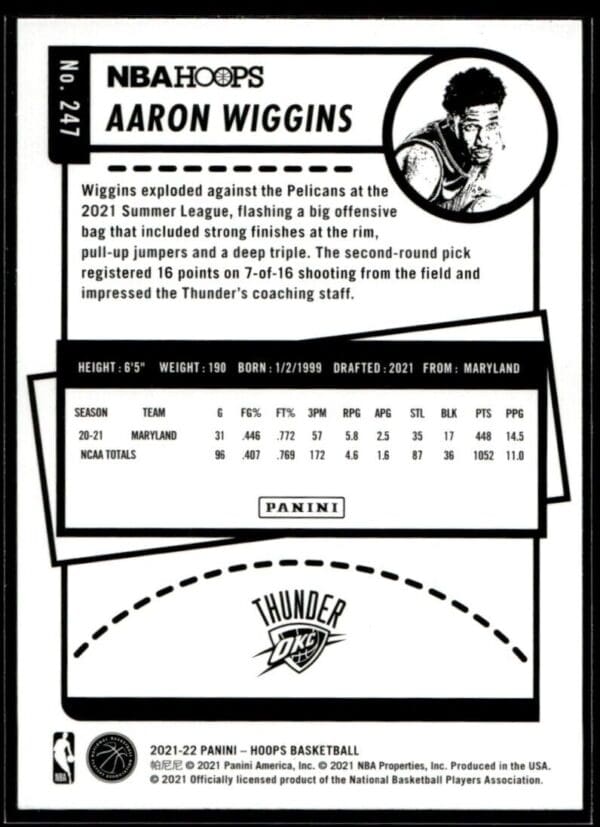 2021 NBA Hoops Oklahoma City Thunder #247 Aaron Wiggins RC Rookie Winter Edition