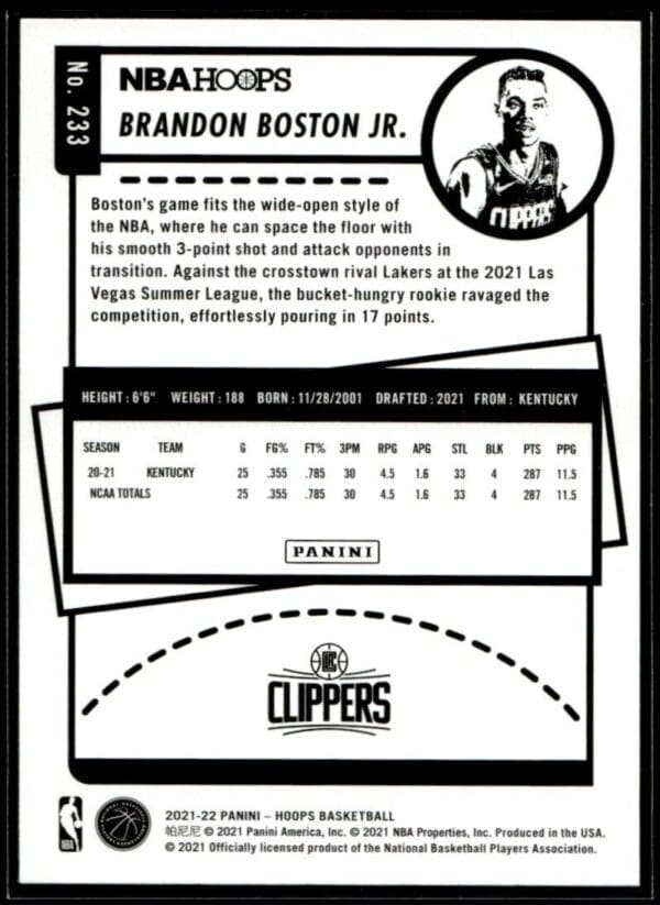 _10 2021 NBA Hoops Los Angeles Clippers #233 Brandon Boston Jr. RC Winter Edition