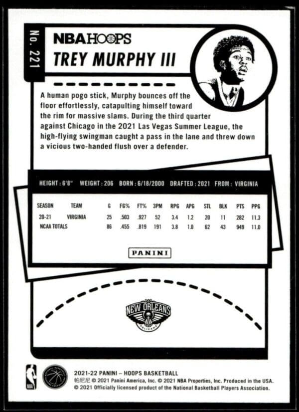 2021 NBA Hoops New Orleans Pelicans #221 Trey Murphy III Rookie Winter Edition