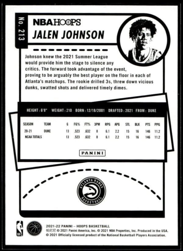 _10 2021 NBA Hoops Atlanta Hawks #213 Jalen Johnson RC Rookie Winter Edition