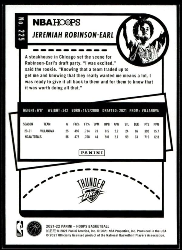 2021 NBA Hoops Oklahoma City Thunder #225 Jeremiah Robinson-Earl RC Winter