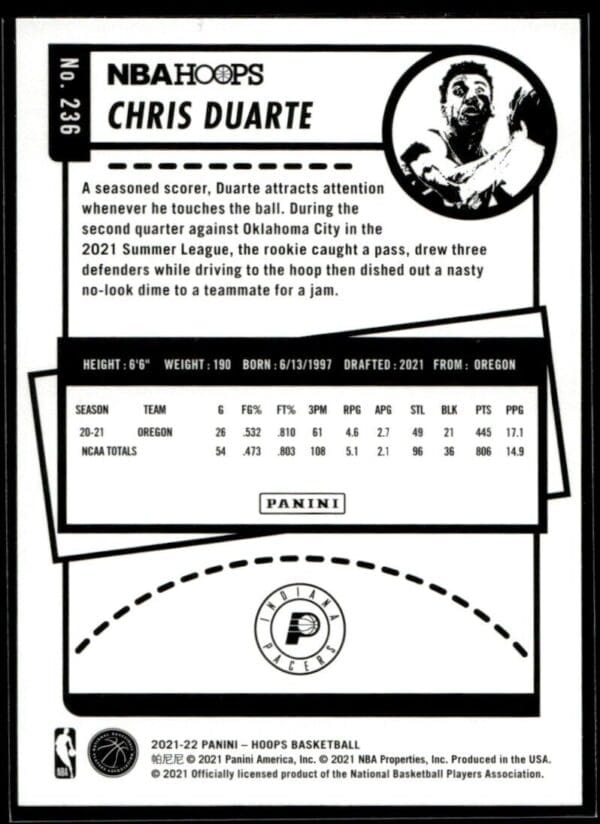 2021 NBA Hoops Indiana Pacers #236 Chris Duarte RC Rookie Winter Edition