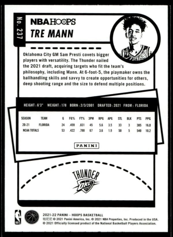 2021 NBA Hoops Oklahoma City Thunder #237 Tre Mann RC Rookie