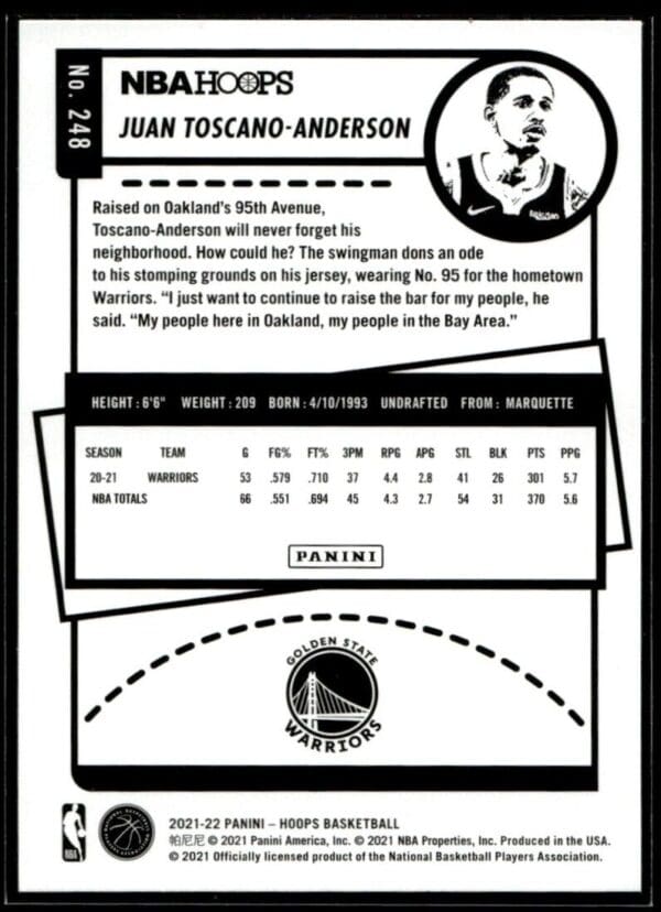 2021 NBA Hoops Golden State Warriors #248 Juan Toscano-Anderson RC Winter