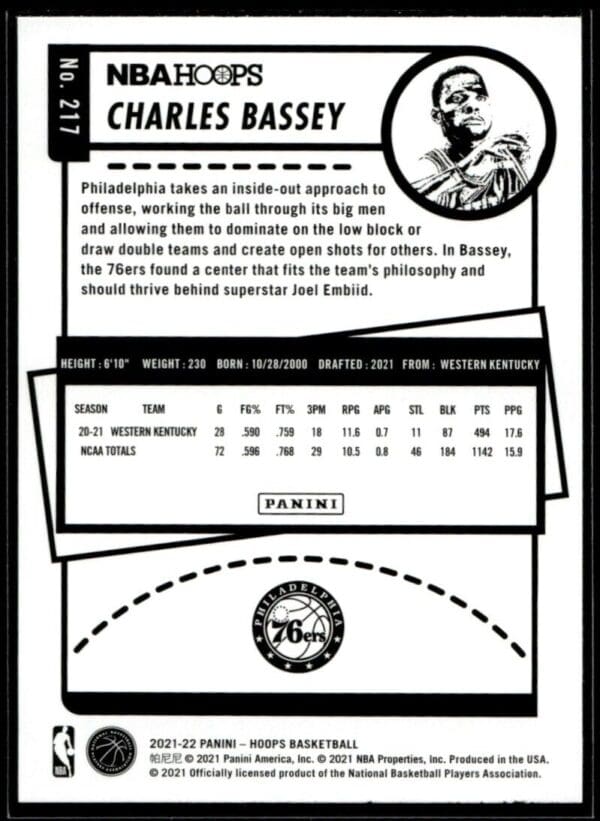 2021 NBA Hoops Philadelphia 76ers #217 Charles Bassey RC Rookie
