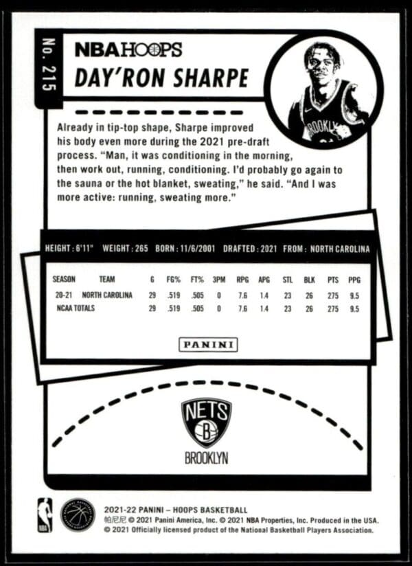 2021 NBA Hoops Brooklyn Nets #215 Day'Ron Sharpe RC Rookie Winter Edition