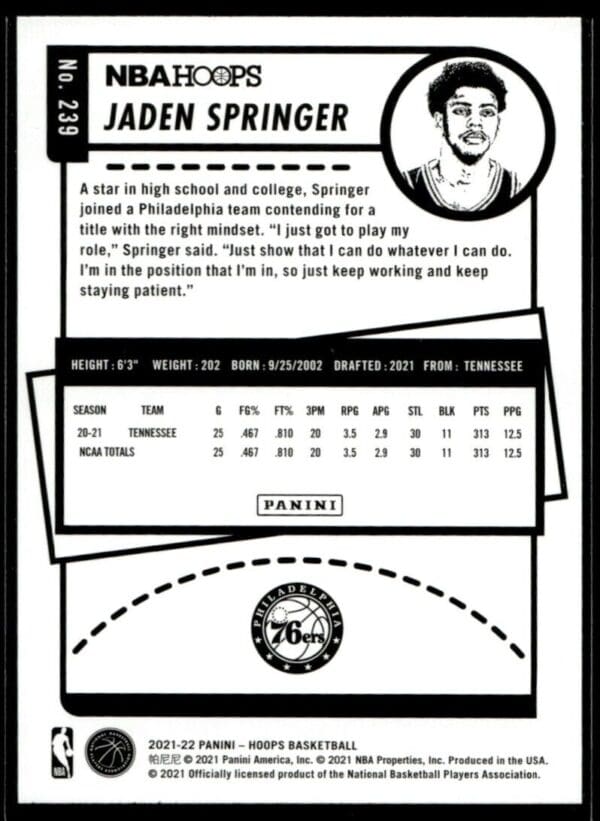 _10 2021 NBA Hoops Philadelphia 76ers #239 Jaden Springer RC Rookie