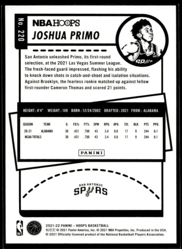 2021 NBA Hoops San Antonio Spurs #220 Joshua Primo RC Rookie Winter Edition