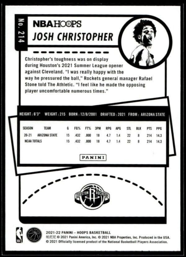 2021 NBA Hoops Houston Rockets #214 Josh Christopher RC Rookie