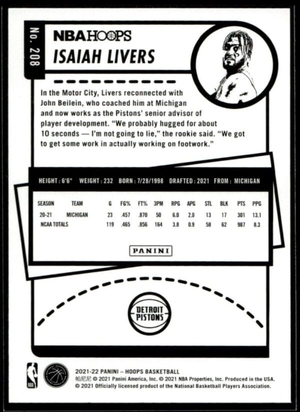 _10 2021 NBA Hoops Detroit Pistons #208 Isaiah Livers RC Rookie Winter Edition