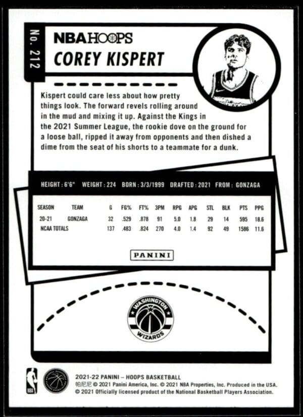 2021 NBA Hoops Washington Wizards #212 Corey Kispert RC Rookie