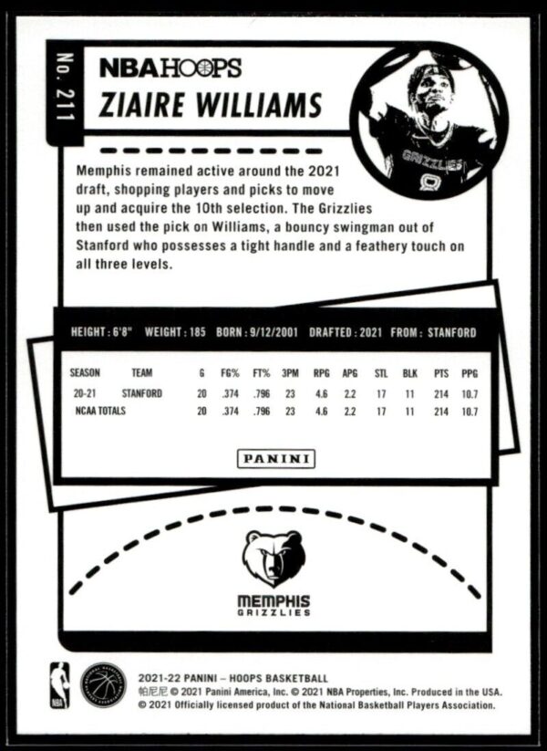 _10 2021 NBA Hoops Memphis Grizzlies #211 Ziaire Williams RC Rookie Winter Edition