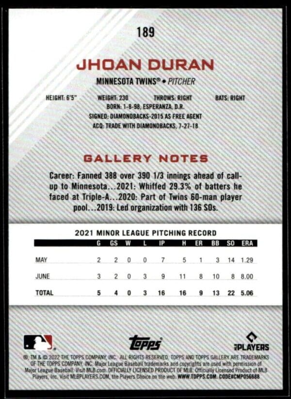 _10 2022 Topps Gallery Jhoan Duran Rookie Minnesota Twins #189