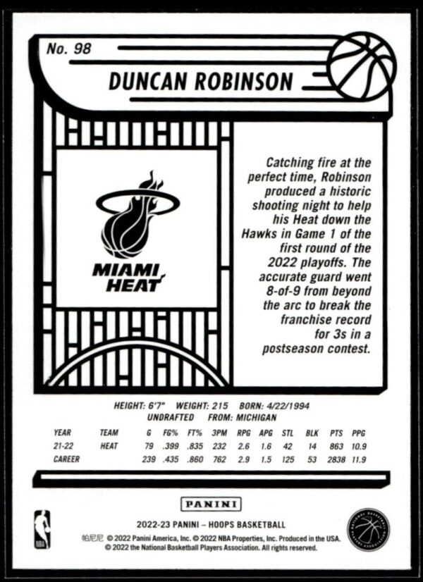 2022 Hoops Miami Heat #98 Duncan Robinson