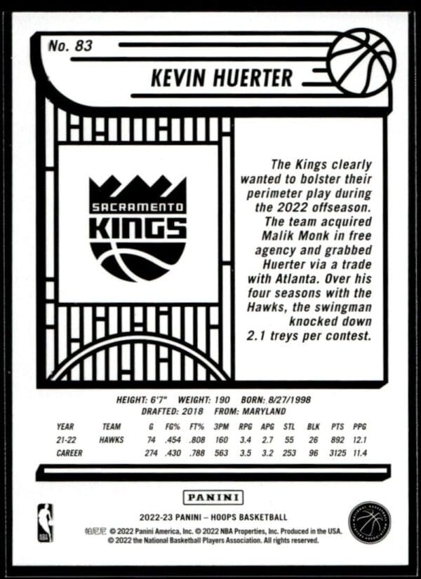 2022 Hoops Sacramento Kings #83 Kevin Huerter