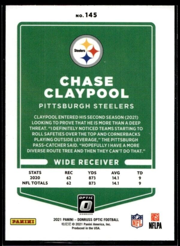 2021 Donruss Optic Chase Claypool Pittsburgh Steelers #145