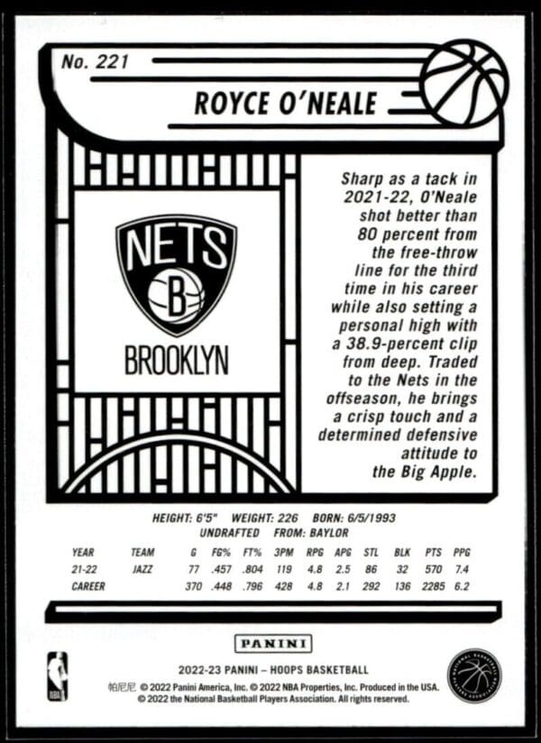 2022 Hoops Brooklyn Nets #221 Royce O'Neale