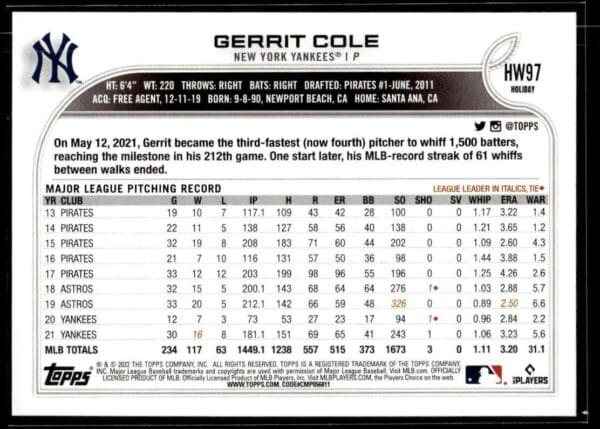 2022 Topps Holiday New York Yankees #HW97 Gerrit Cole