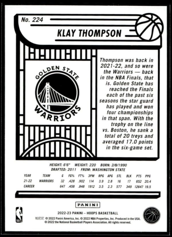 2022 Hoops Golden State Warriors #224 Klay Thompson