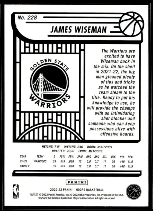 2022 Hoops Golden State Warriors #228 James Wiseman