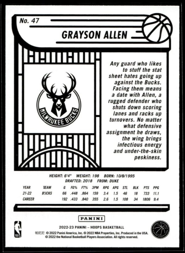2022 Hoops Milwaukee Bucks #47 Grayson Allen