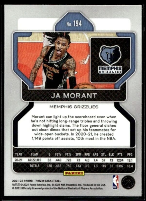 2021-22 Panini Prizm Ja Morant Memphis Grizzlies #194