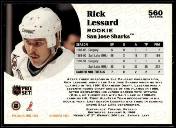1991 Pro Set San Jose Sharks #560 Rick Lessard RC Rookie