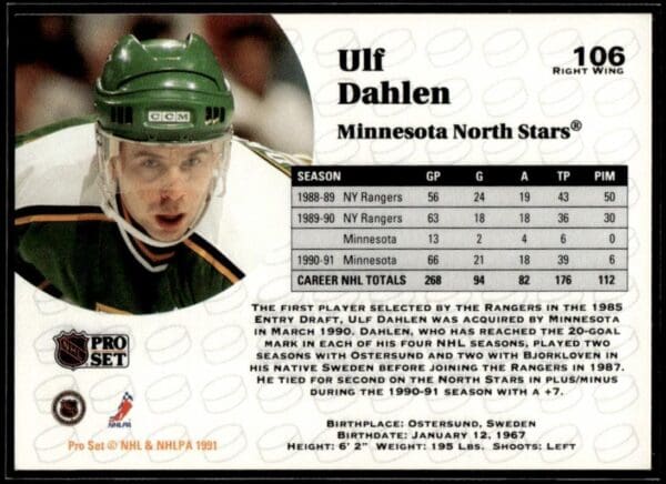 1991 Pro Set Minnesota North Stars #106 Ulf Dahlen