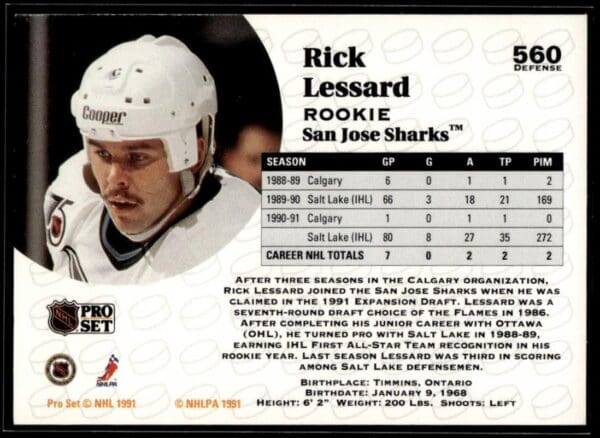 1991 Pro Set San Jose Sharks #560 Rick Lessard RC Rookie