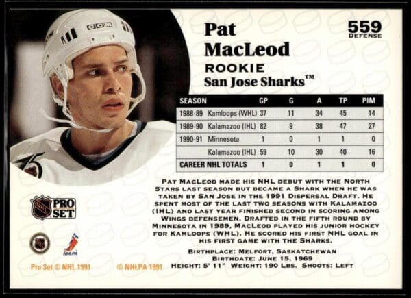 _10 1991 Pro Set San Jose Sharks #559 Pat MacLeod RC Rookie