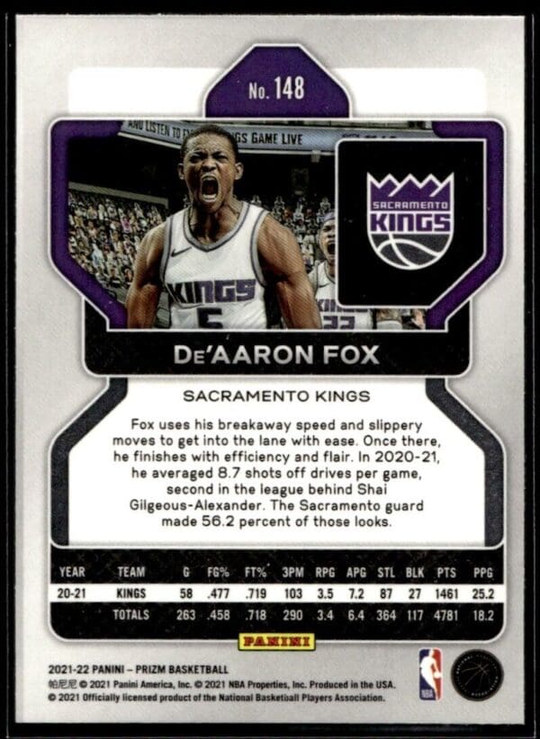 2021-22 Panini Prizm De'Aaron Fox Sacramento Kings #148