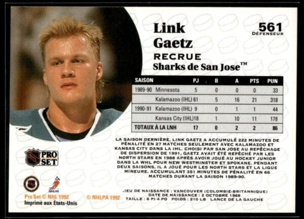 1991 Pro Set San Jose Sharks #561 Link Gaetz