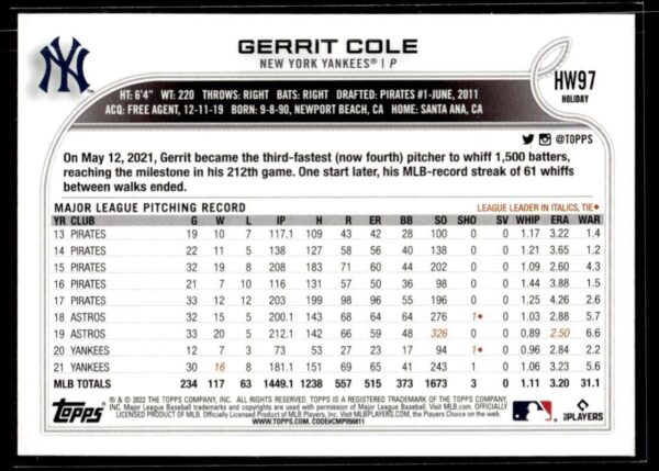 _10 2022 Topps Holiday New York Yankees #HW97 Gerrit Cole