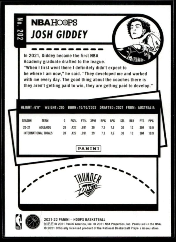 _10 2021 Panini Select Future Oklahoma City Thunder #202 Josh Giddey