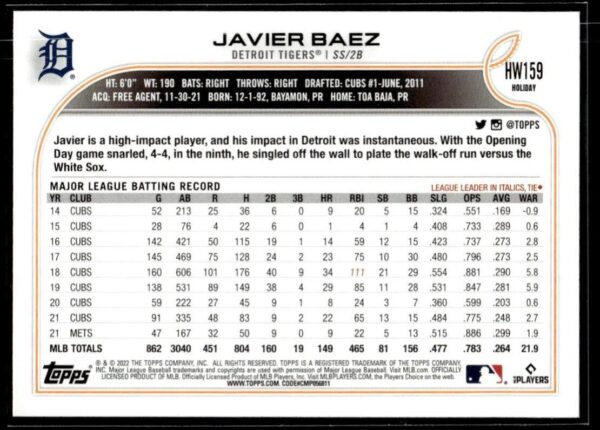 2022 Topps Holiday Detroit Tigers #HW159 Javier Baez