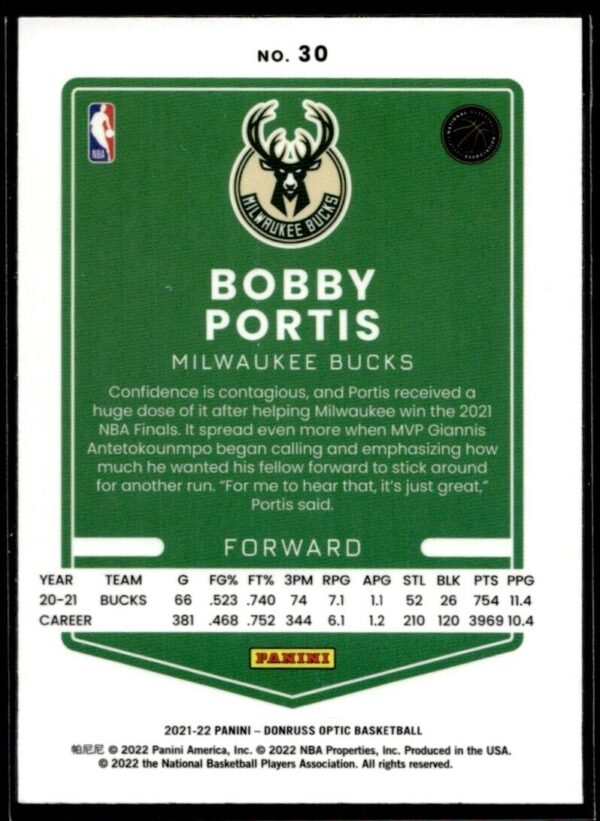 _10 2021 Donruss Optic Milwaukee Bucks #30 Bobby Portis