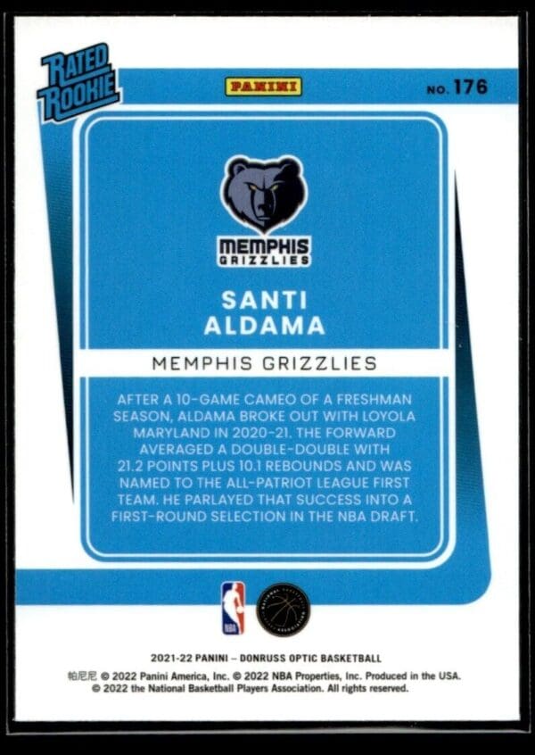 2021 Donruss Optic Memphis Grizzlies #176 Santi Aldama RC Rookie