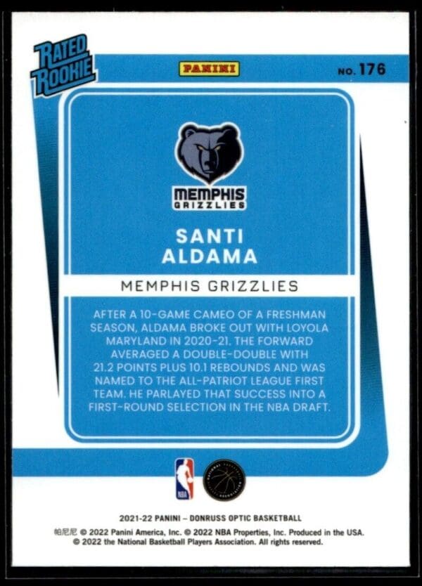 _10 2021 Donruss Optic Memphis Grizzlies #176 Santi Aldama RC Rookie