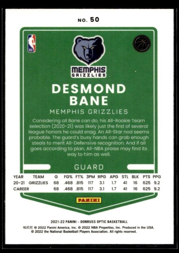 2021 Donruss Optic Memphis Grizzlies #50 Desmond Bane