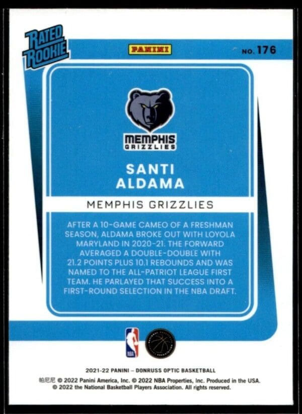 _10 2021 Donruss Optic Memphis Grizzlies #176 Santi Aldama RC Rookie