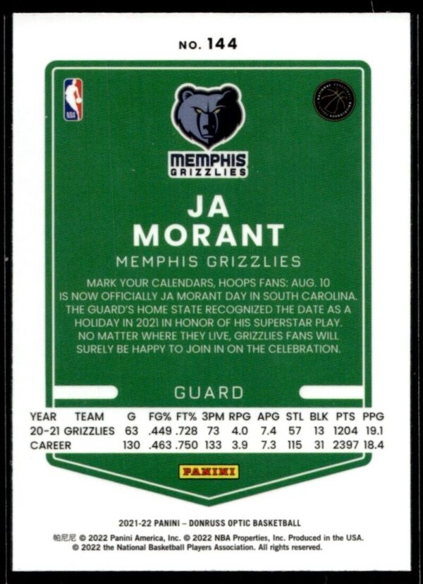 2021 Donruss Optic Memphis Grizzlies #144 Ja Morant