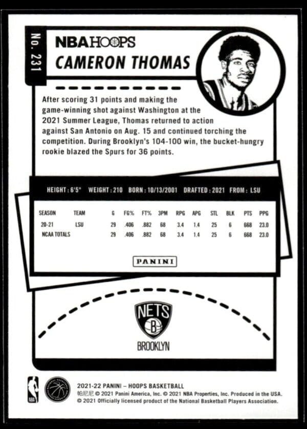 2021 NBA Hoops Brooklyn Nets #231 Cameron Thomas RC Rookie