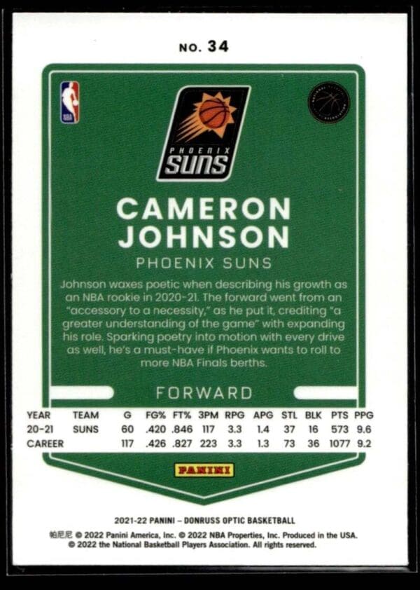 2021 Donruss Optic Phoenix Suns #34 Cameron Johnson
